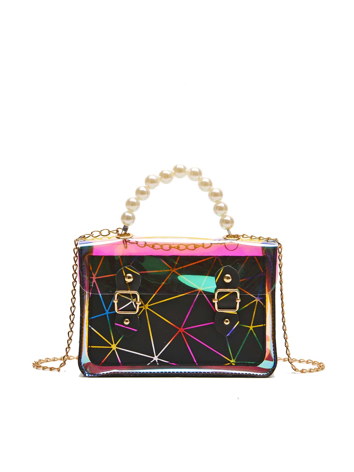 Holographic Faux Pearl Beaded Chain Bag