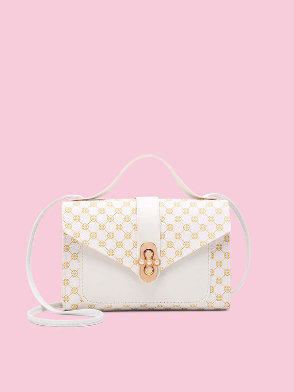 Faux Pearl Decor Geometric Graphic Satchel Bag