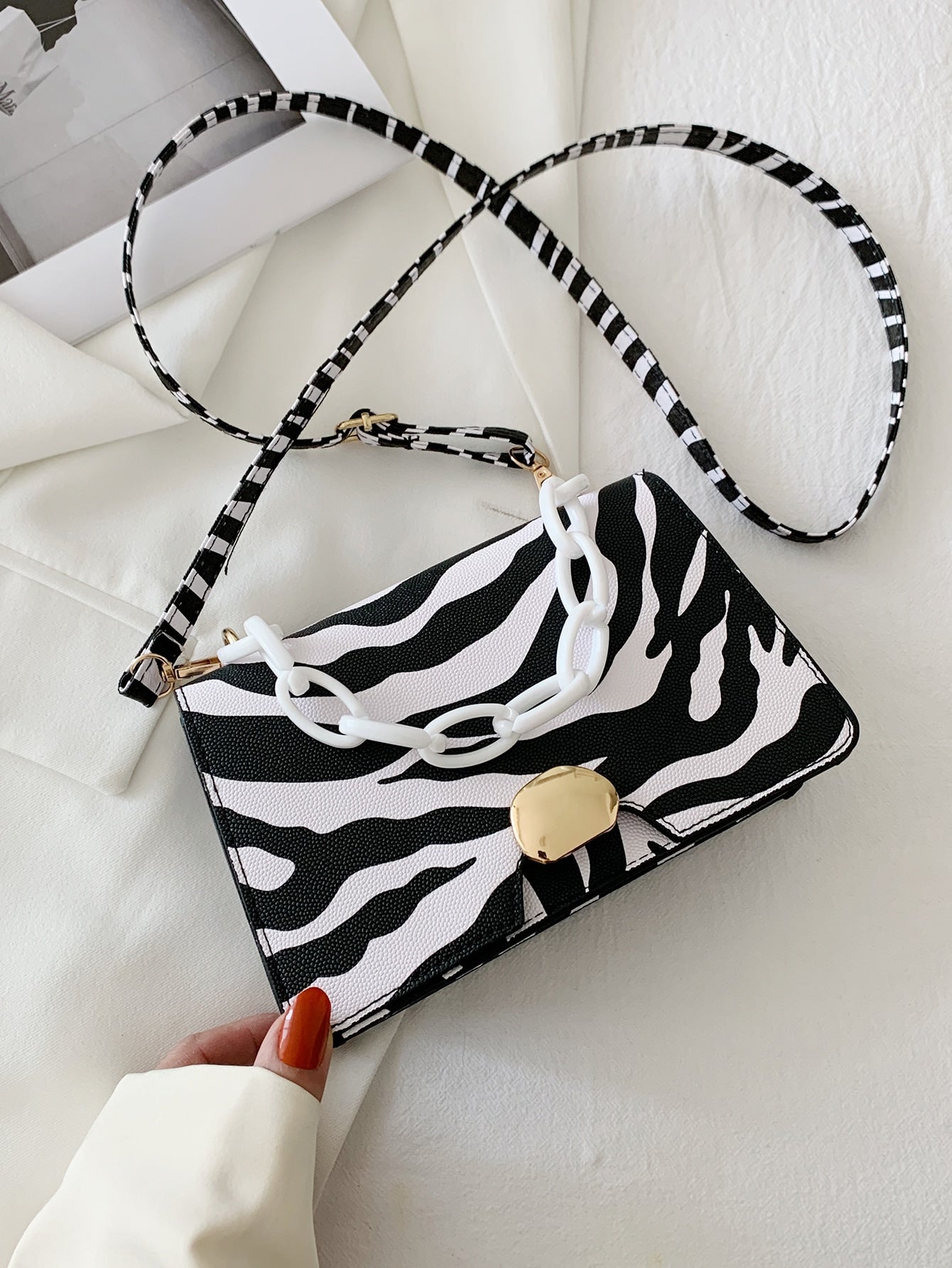 Zebra Striped Chain Satchel Bag