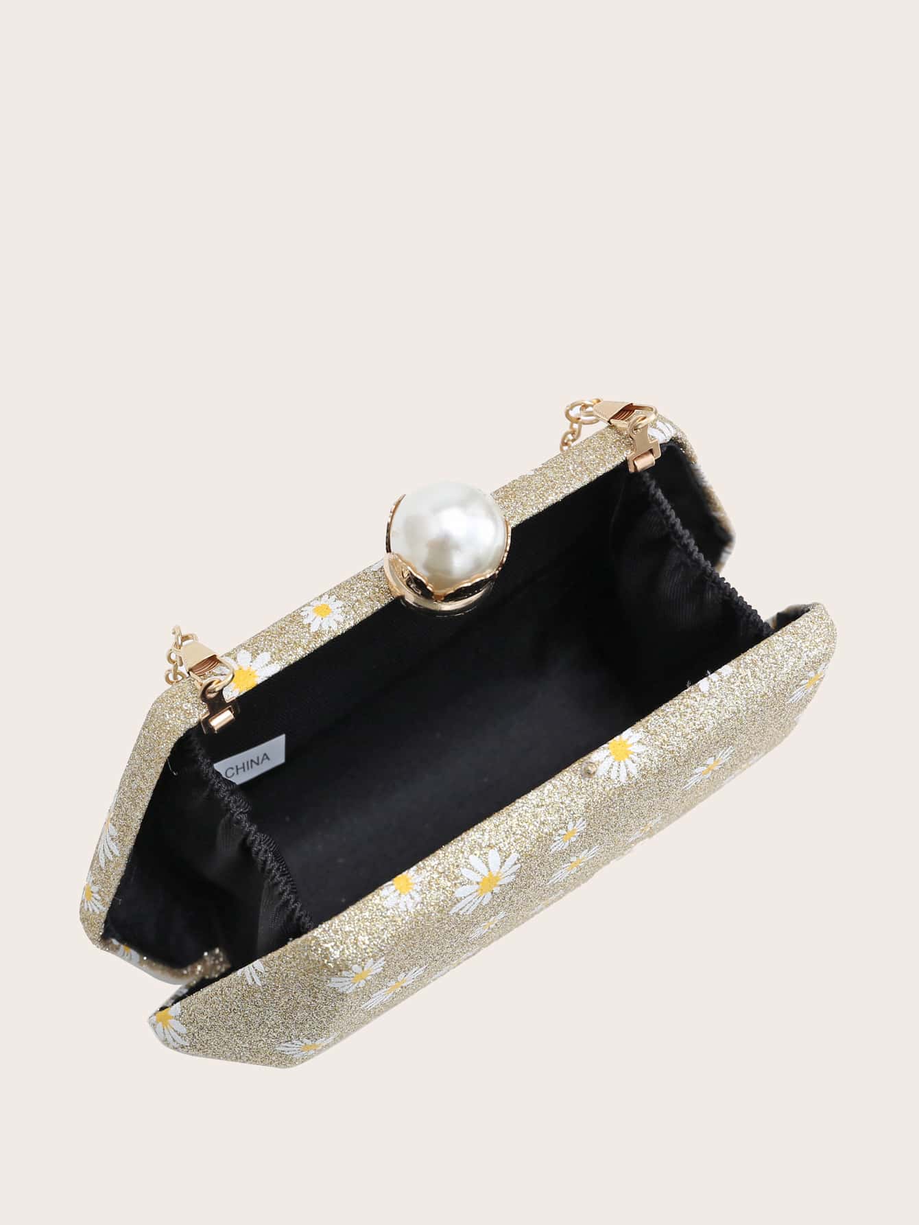 Floral Graphic Glitter Chain Clutch Bag