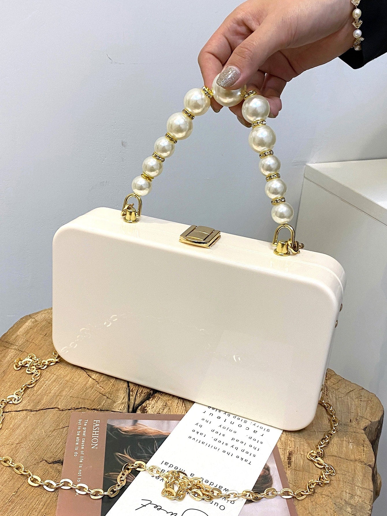 Faux Pearl Handle Chain Box Bag