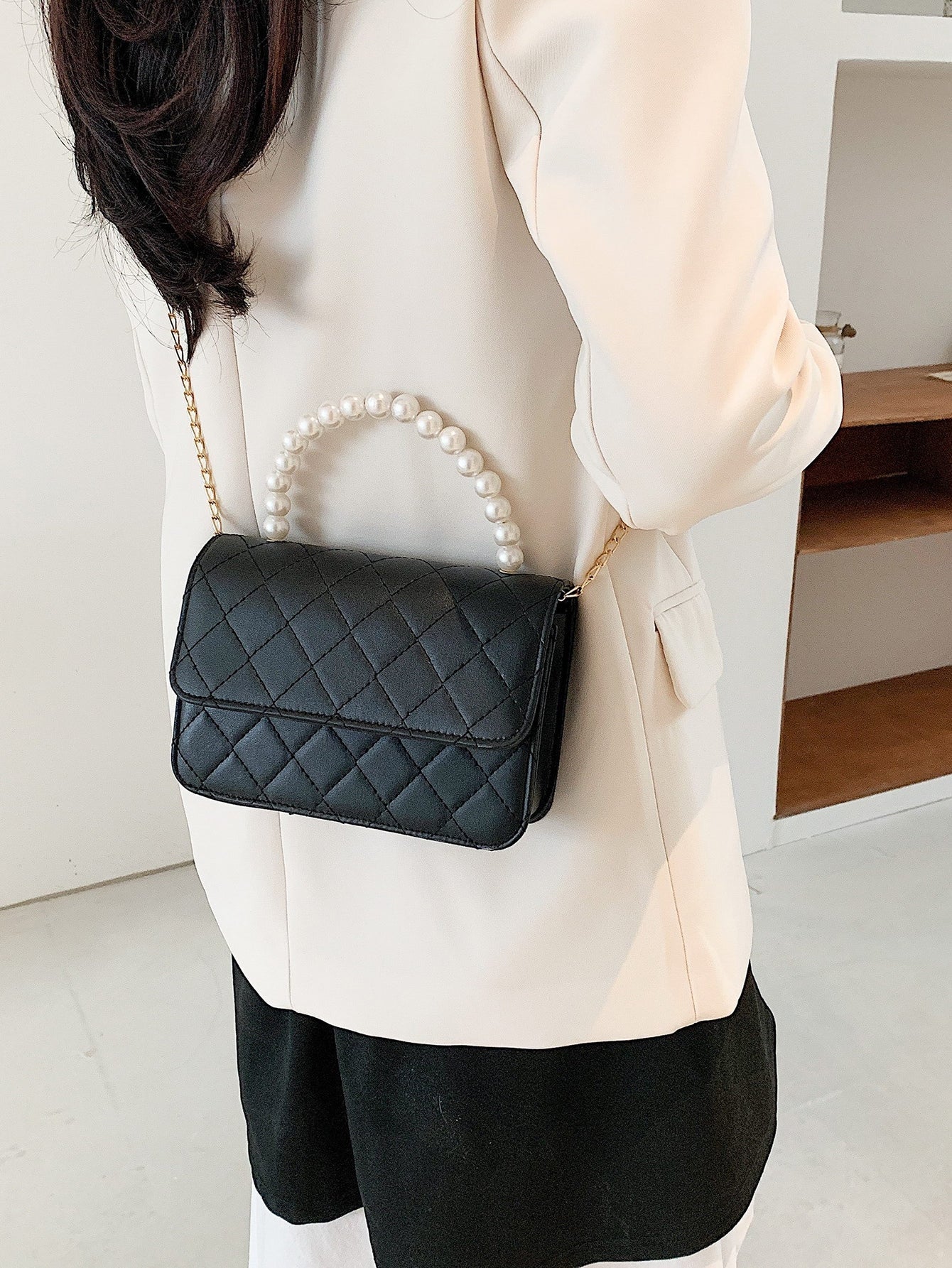 Faux Pearl Handle Quilted Chain Satchel Bag