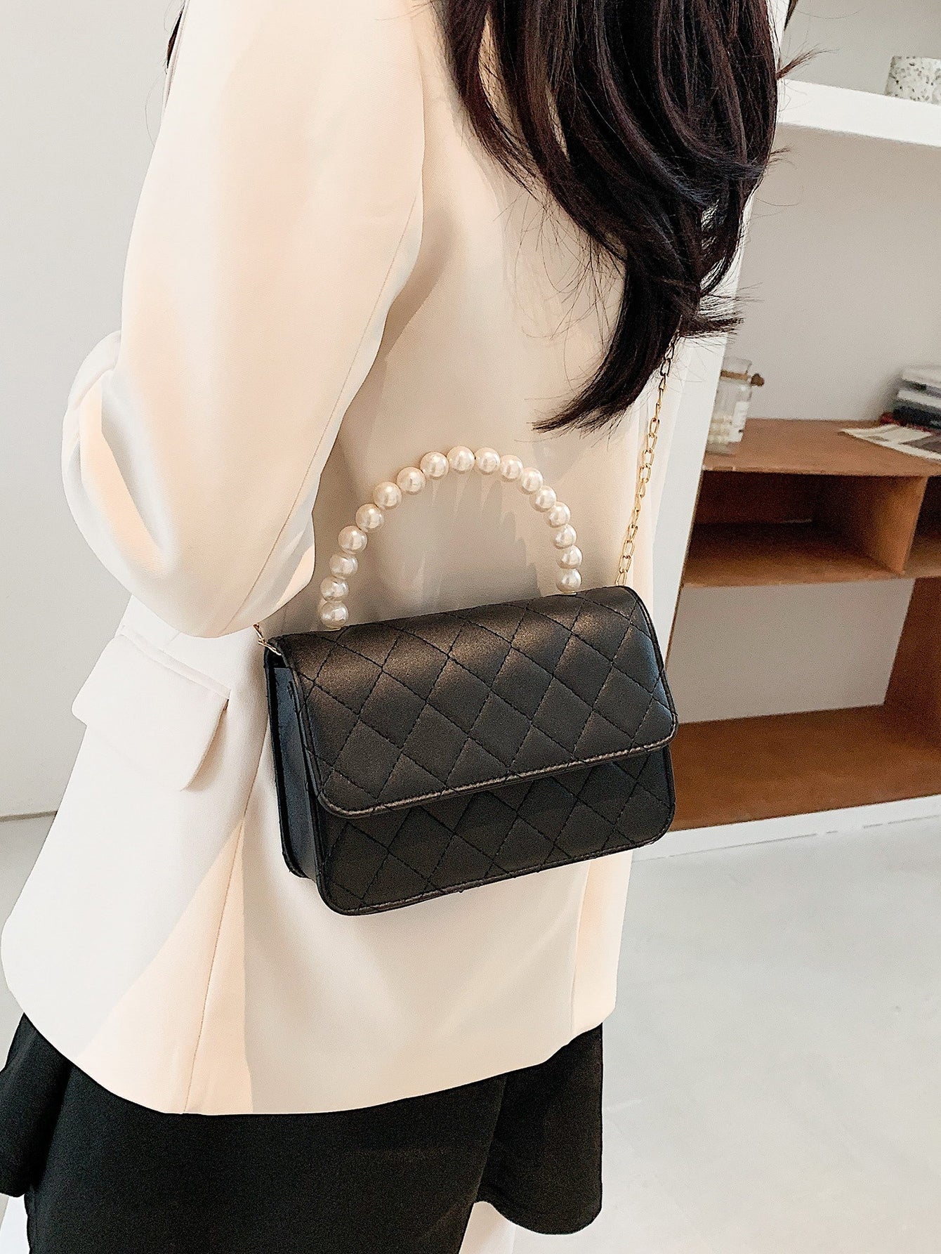 Faux Pearl Handle Quilted Chain Satchel Bag