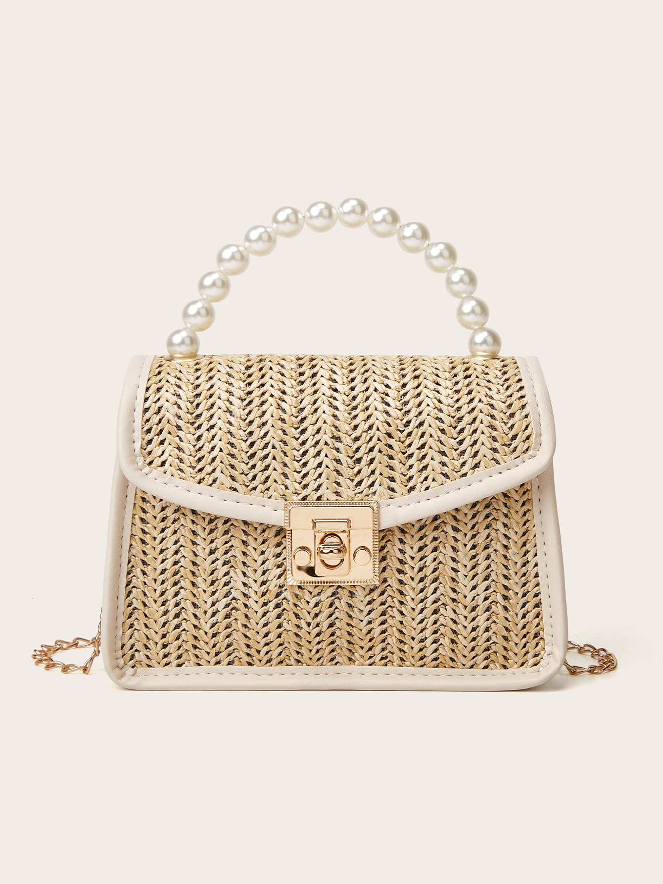 Faux Pearl Beaded Twist Lock Straw Bag