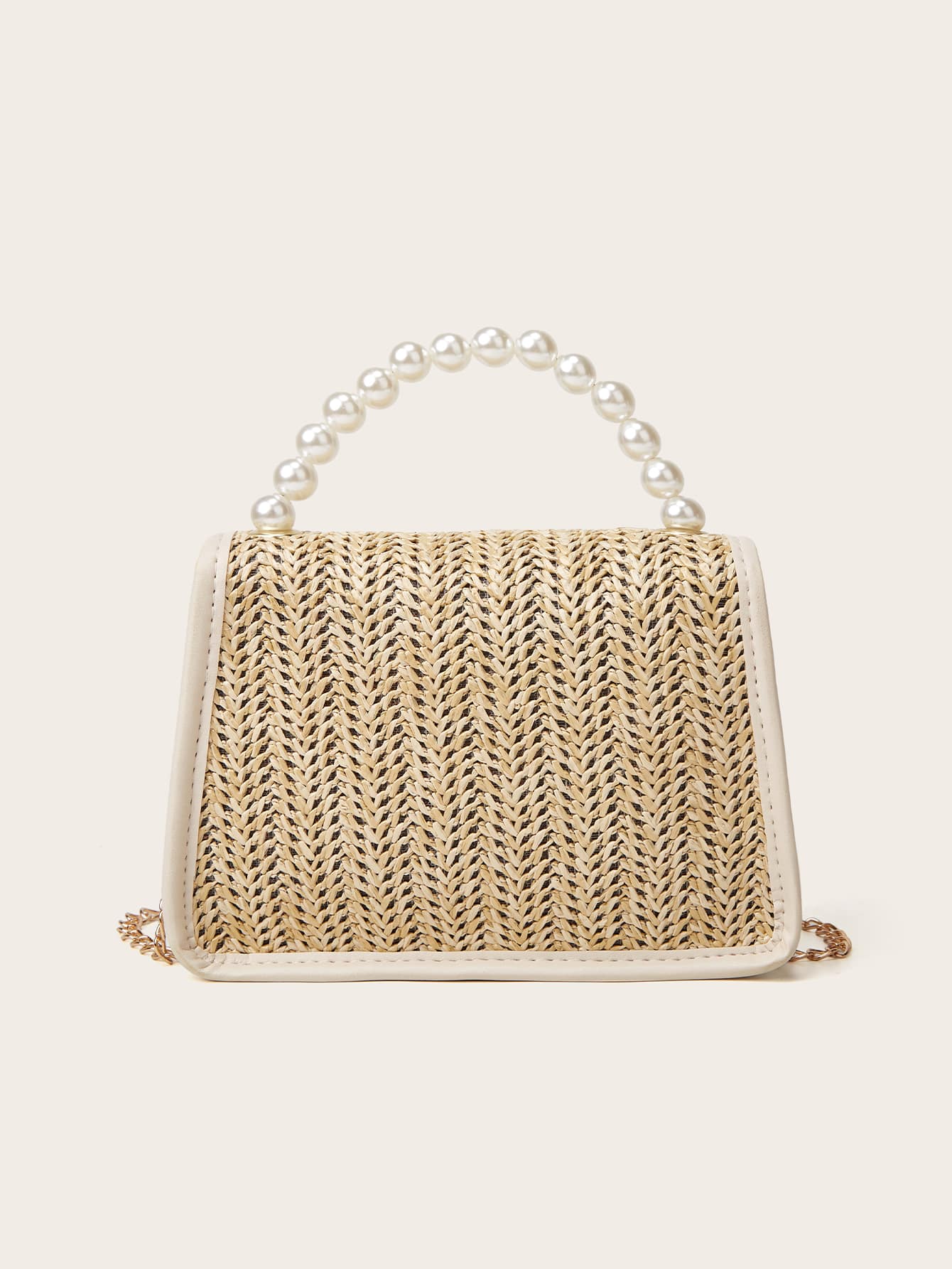 Faux Pearl Beaded Twist Lock Straw Bag