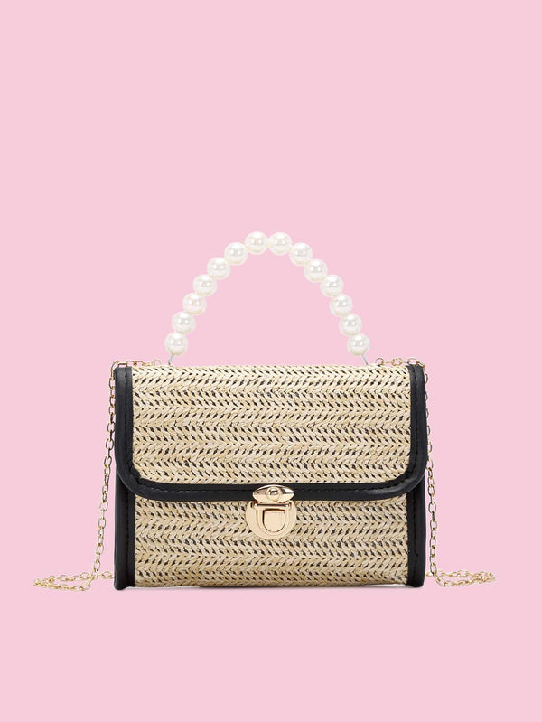 Faux Pearl Beaded Push Lock Straw Bag