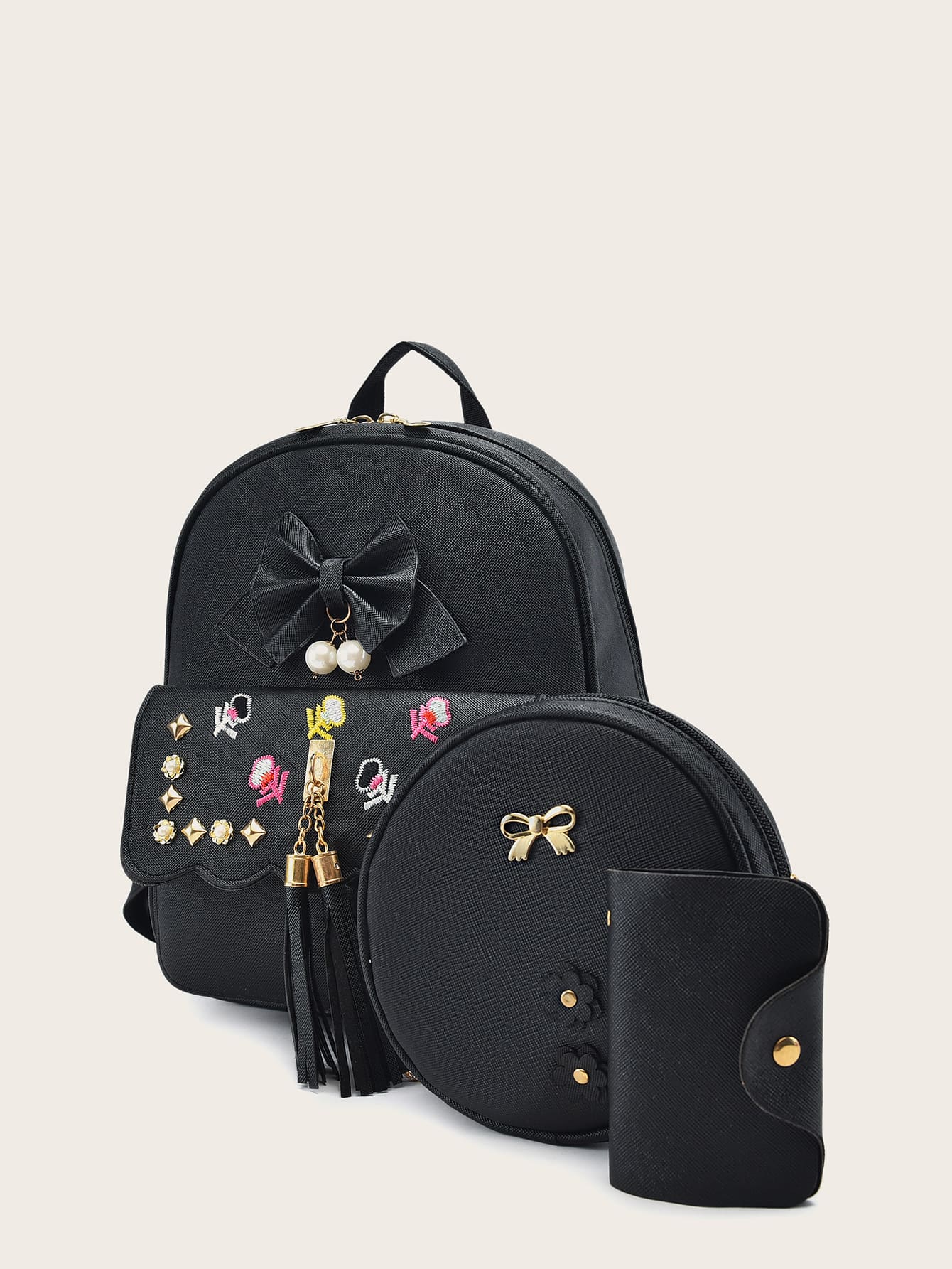 3pcs Tassel & Studded Decor Backpack Set