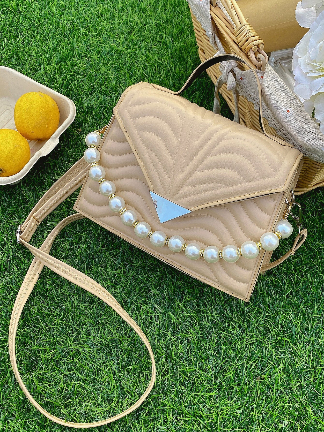 Faux Pearl Decor Quilted Satchel Bag