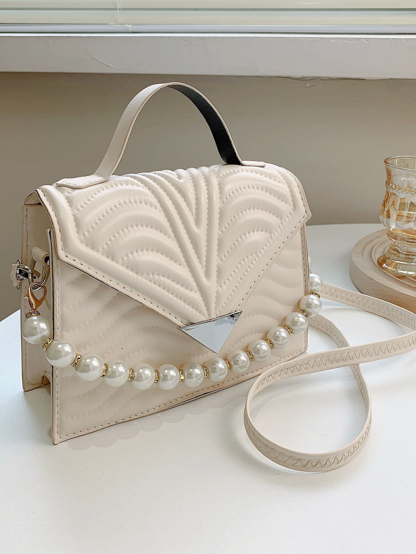 Faux Pearl Decor Quilted Satchel Bag