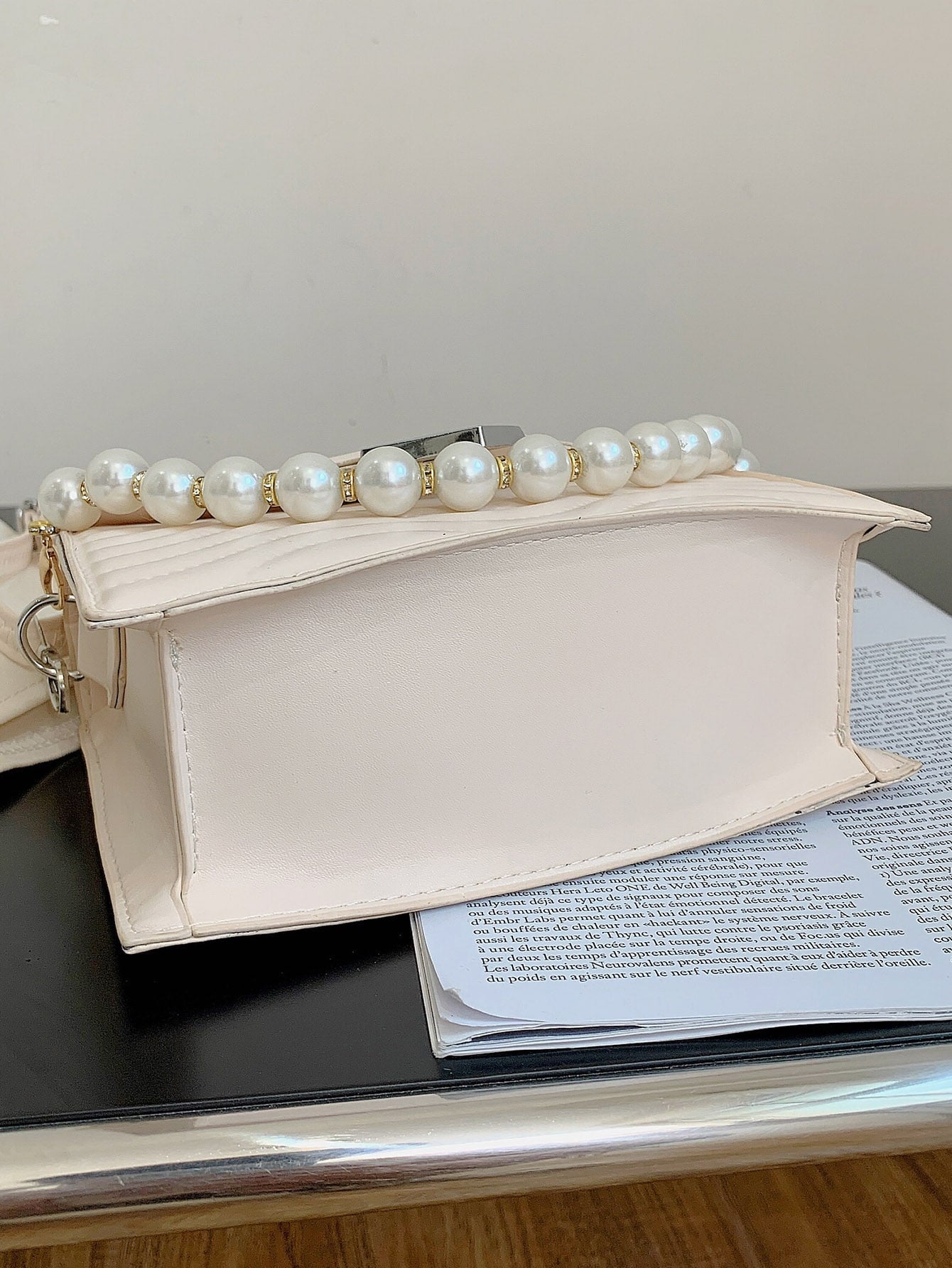 Faux Pearl Decor Quilted Satchel Bag