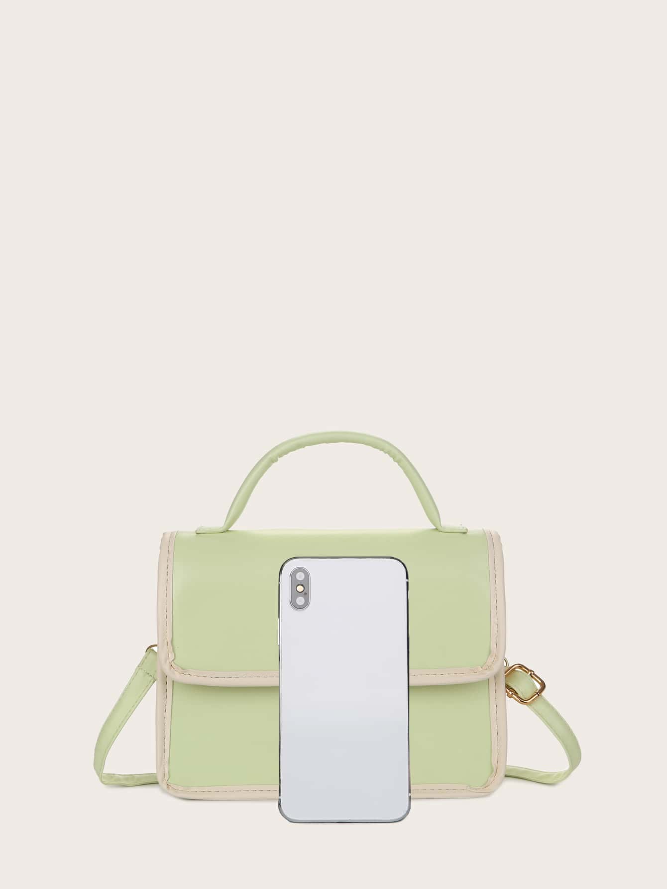 Contrast Binding Flap Satchel Bag