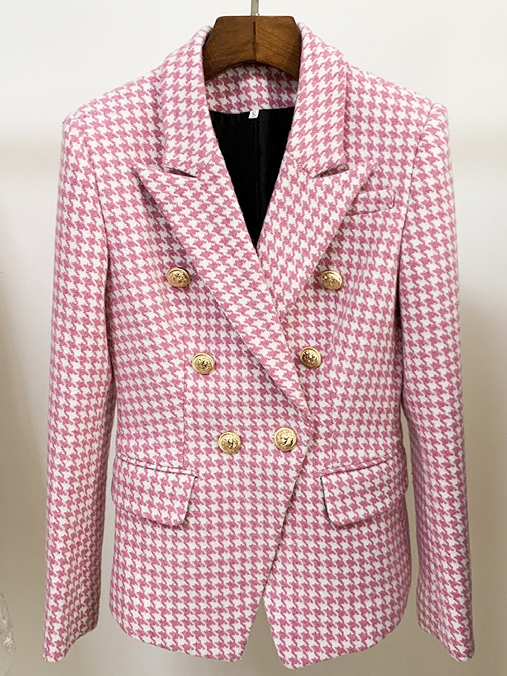 Double Breasted Wool Houndstooth Blazer