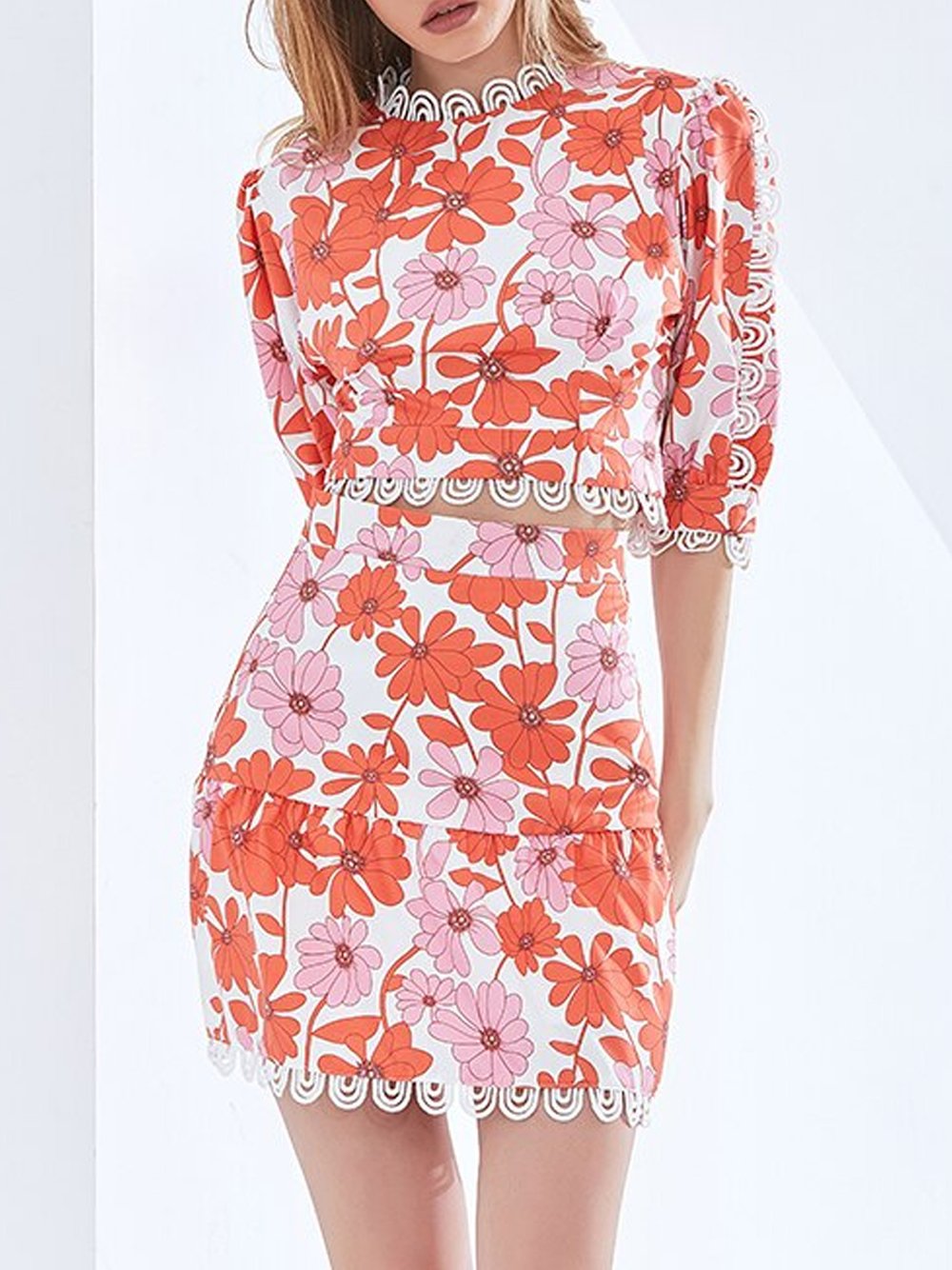 RILEY Floral Top & Skirt Set in Red/Pink