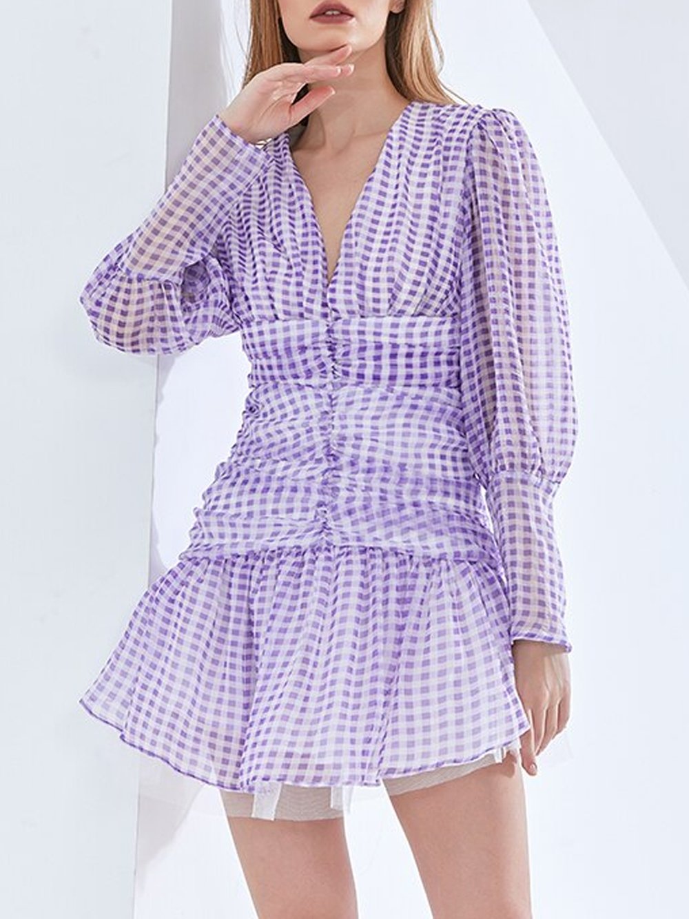 SOPHIA Ruched Mini Dress in Purple