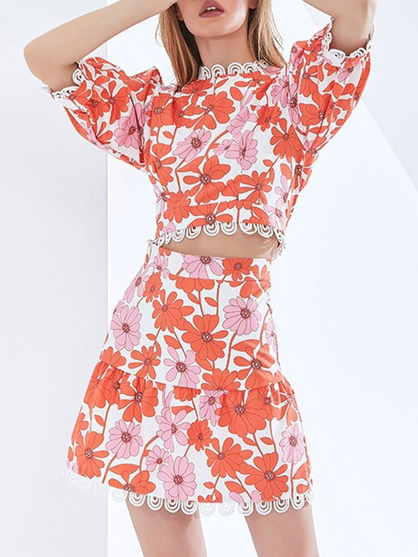 RILEY Floral Top & Skirt Set in Red/Pink