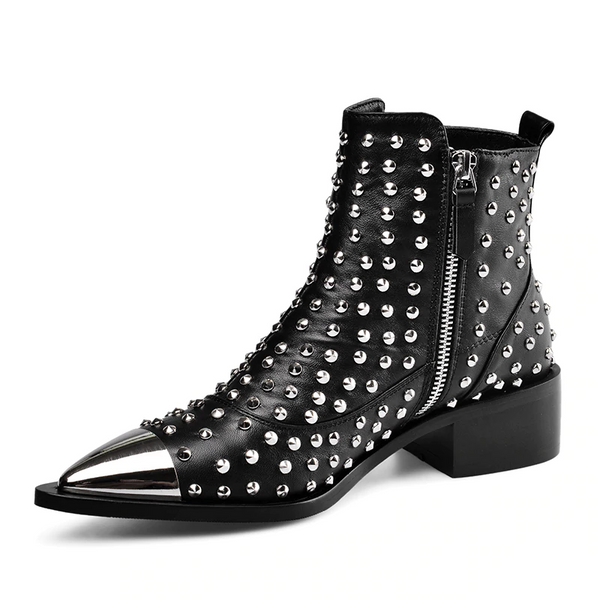 Genuine Leather Rivet Side Zipper Ankle Boots