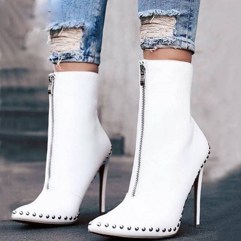 Casual Metal Decoration Rivet Thin Heels Pointed Toe Women Ankle Boots