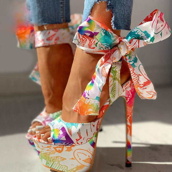 Platform Printed Ankle Wrap Heeled Sandal