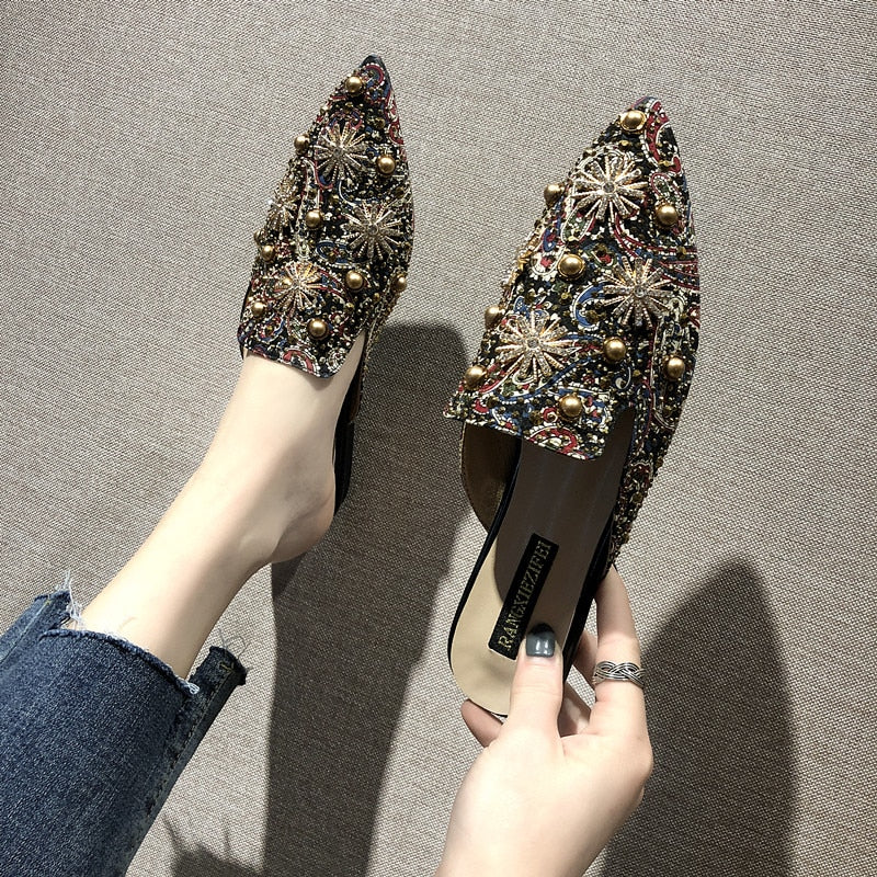 Casual Pointed Toe Floral Rivet Slingback Slip On Women Mules Shoes