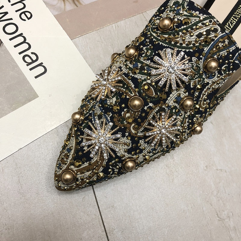 Casual Pointed Toe Floral Rivet Slingback Slip On Women Mules Shoes