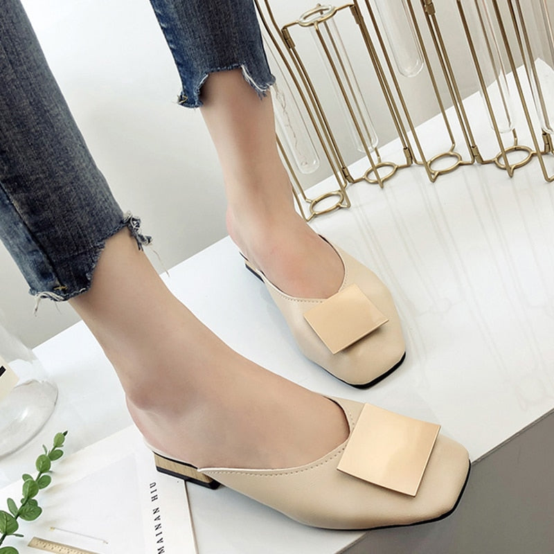 PU Leather Elegant Wooden Square Heels Women Mules Shoes