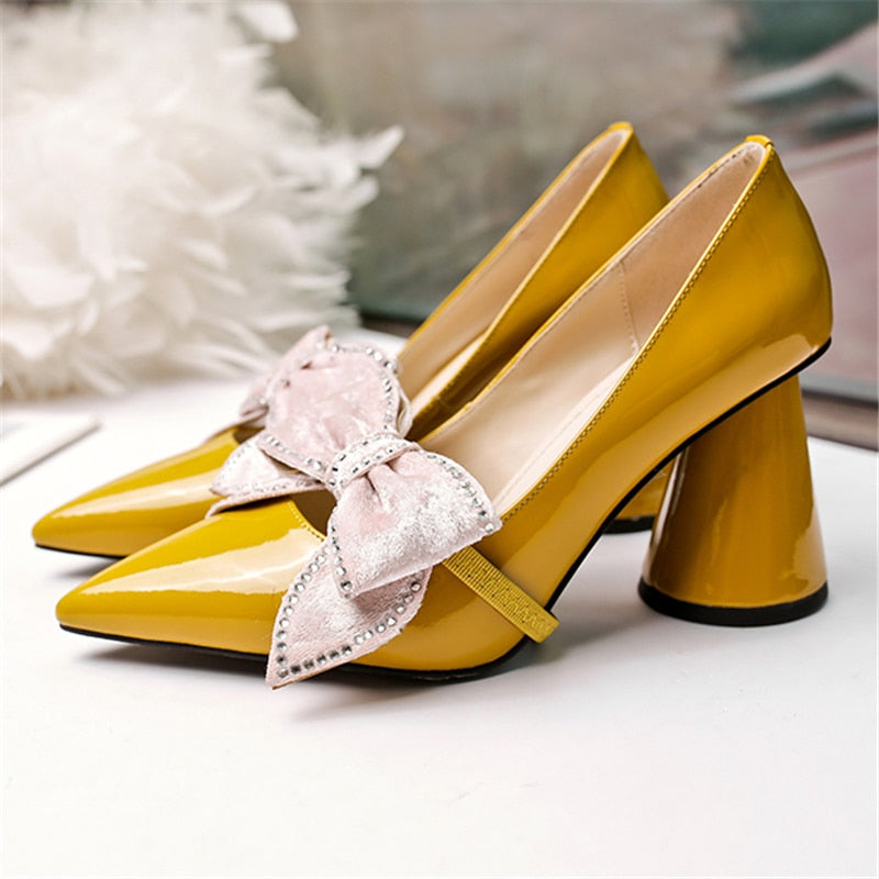 Yellow Tie Pearl Pumps