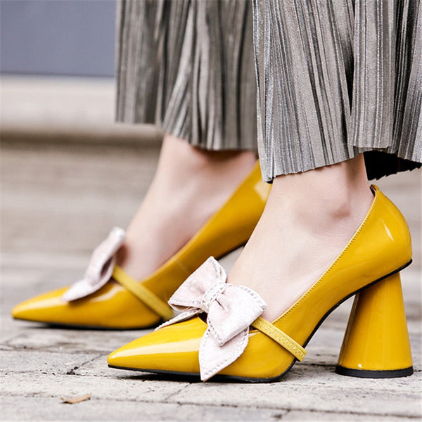 Yellow Tie Pearl Pumps