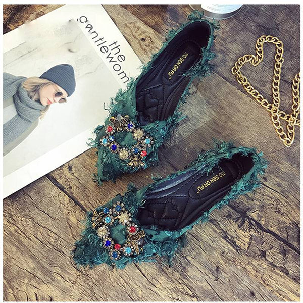 Casual Bow Rhinestone Pointed Toe Slip On Women Flat