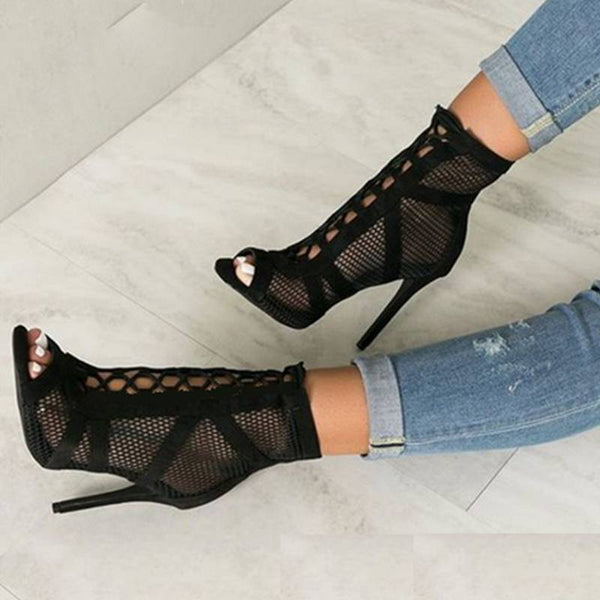 Lace Up Cross Tied Peep Toe Ankle Heels