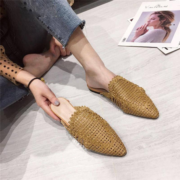 Rattan Knit Indoor Pointed Toe Women Mules Shoes