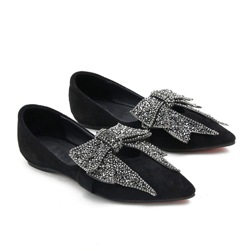 Elegant Bling Crystal Bow Tie Pointed Toe Women Flat Shoes