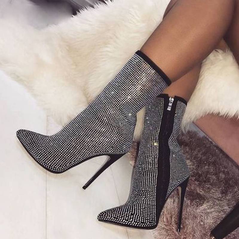 Flock Pointed Toe Rhinestone with Zipper Ankle Boots