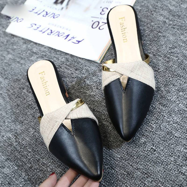 Classic PU Leather Pointed Toe Golden Ring Decoration Women Mules Shoes