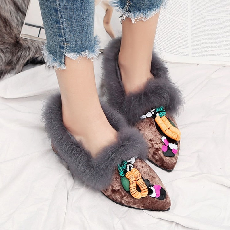 Slip On Fur Loafer Pump Shoes