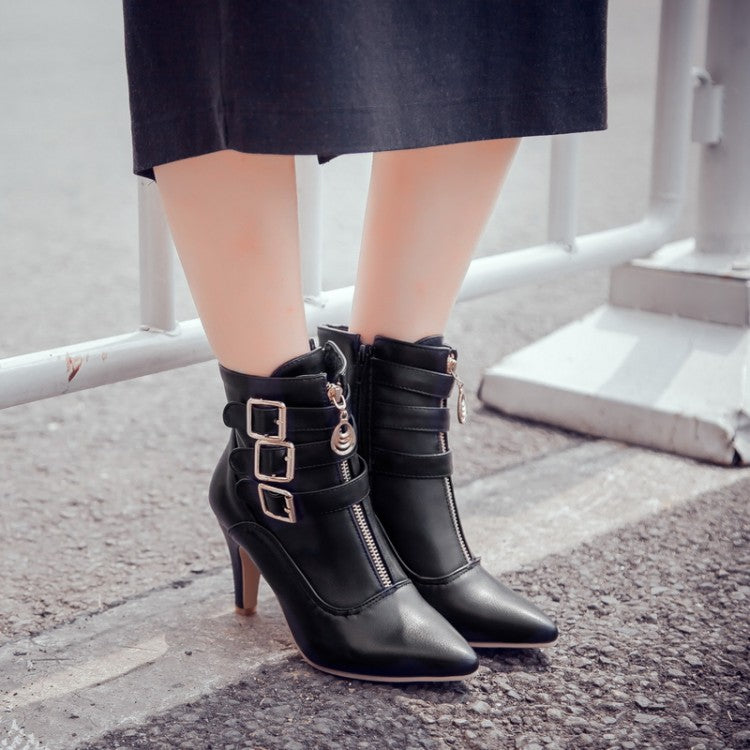 Soft Leather Triple Buckle Strap Pointed Toe Ankle Boots