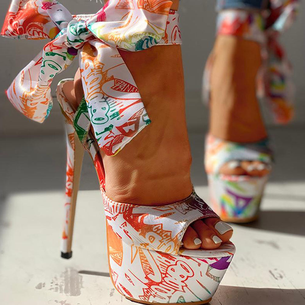 Platform Printed Ankle Wrap Heeled Sandal
