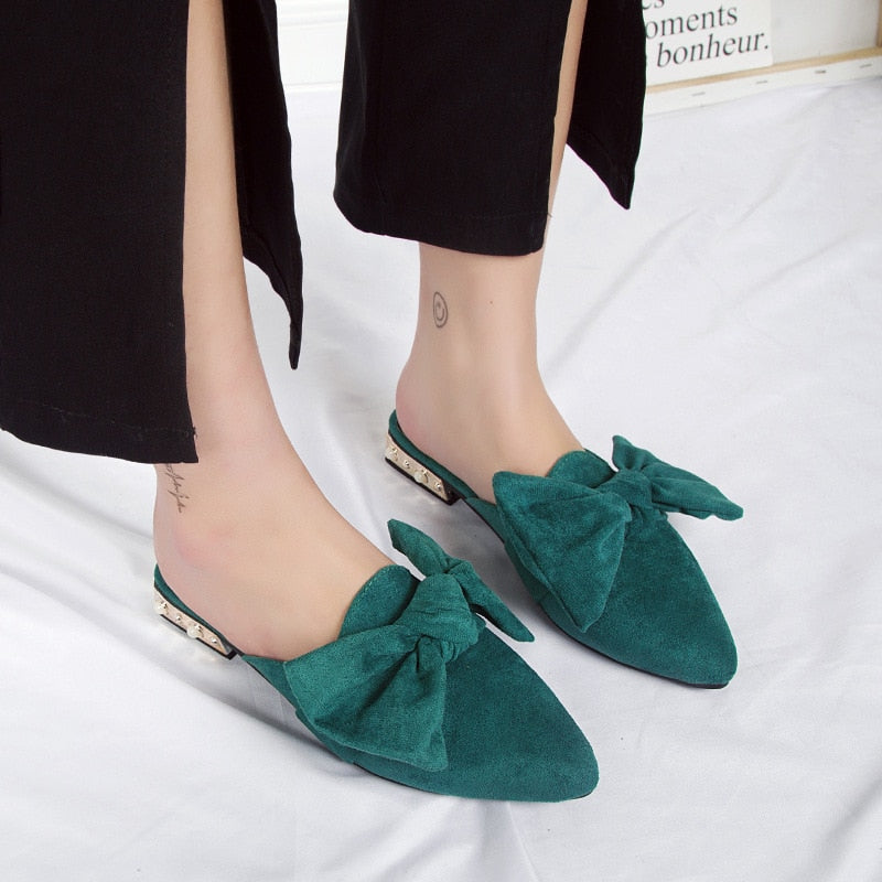 Canvas Bonded Leather Solid Color Pointed Toe with Luxury Low Heels Women Mules Shoes