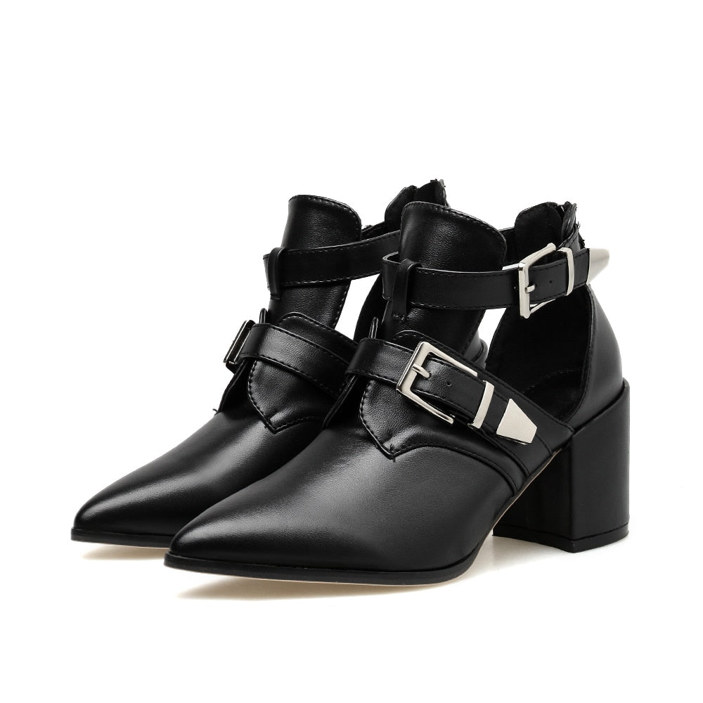 Pointed Toe Metal Buckle PU Leather Ankle Boots