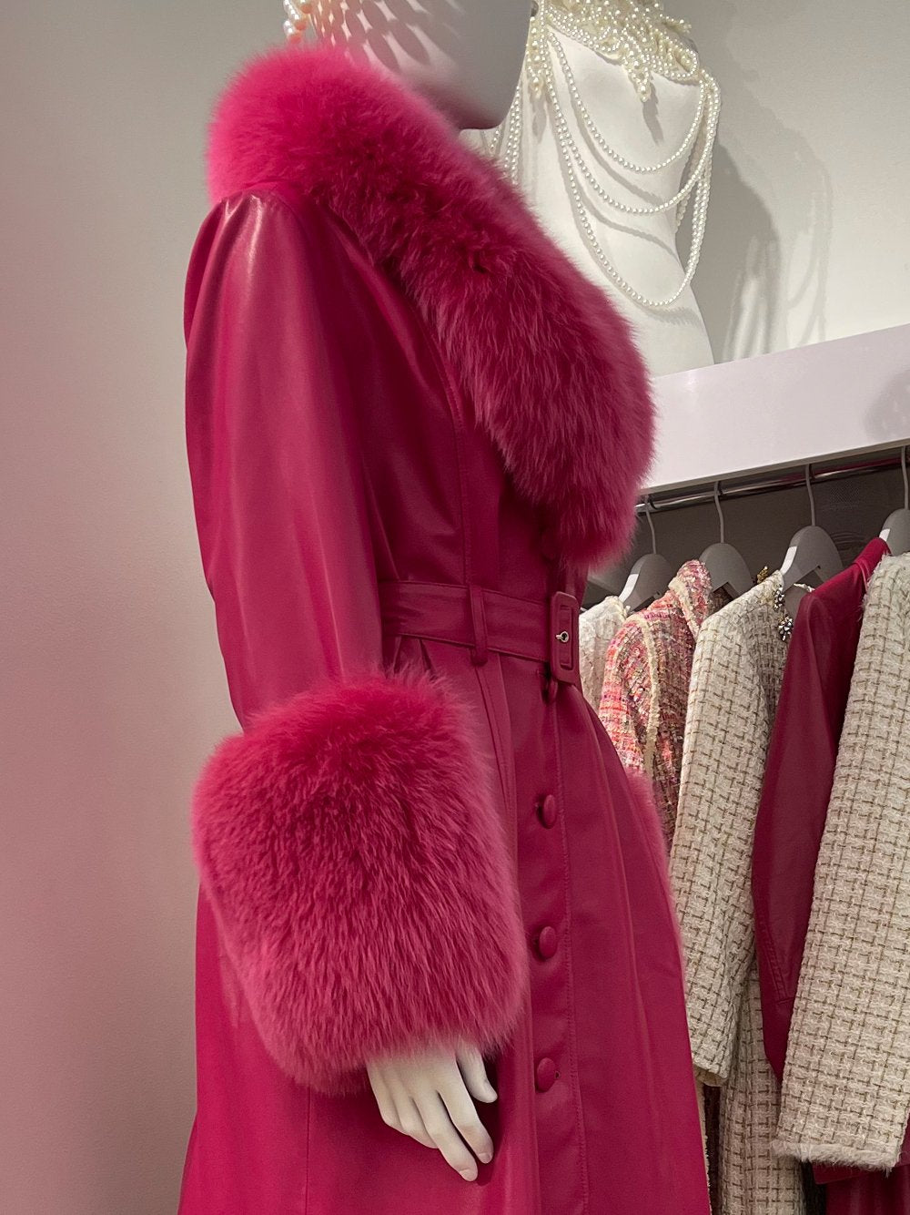 Faux Fur Genuine Leather Coat in Pink