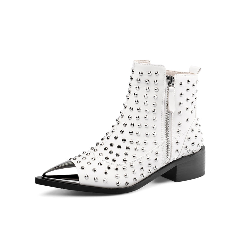 Genuine Leather Rivet Side Zipper Ankle Boots