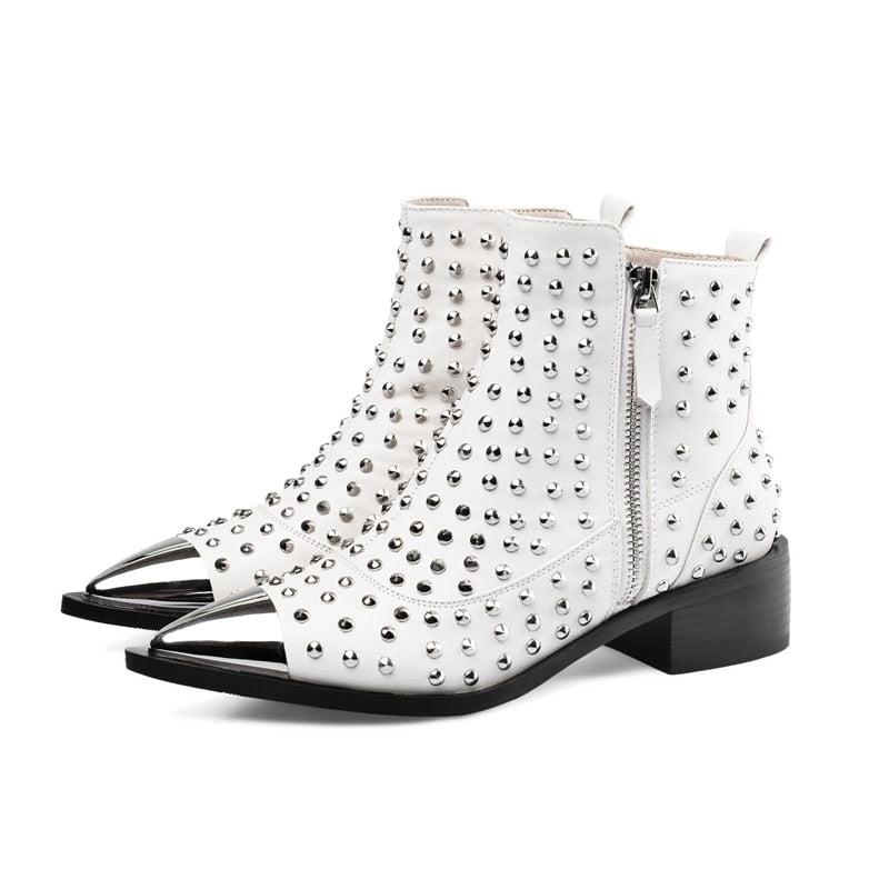 Genuine Leather Rivet Side Zipper Ankle Boots