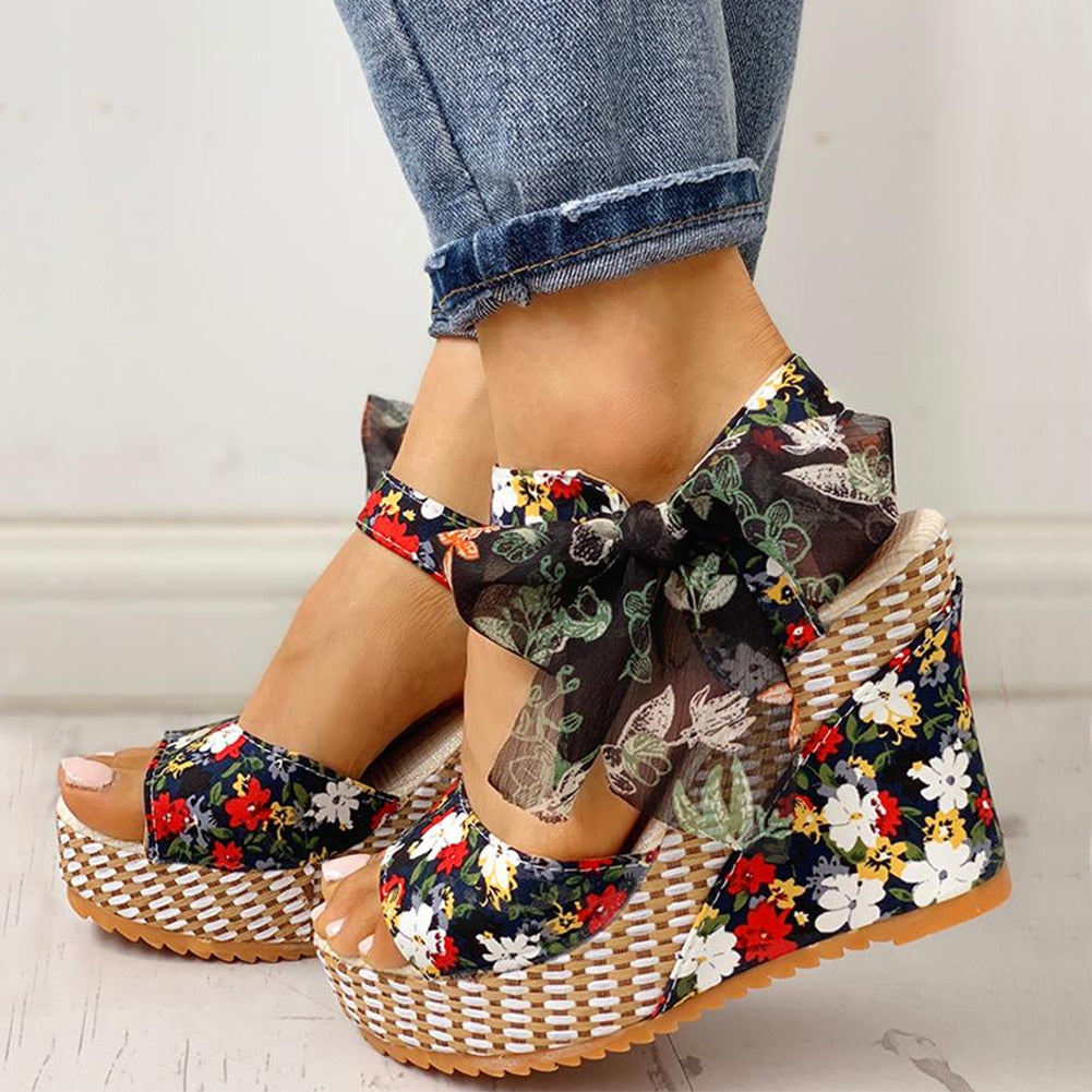 Bohemian Floral Ankle Strap Heeled Wedges