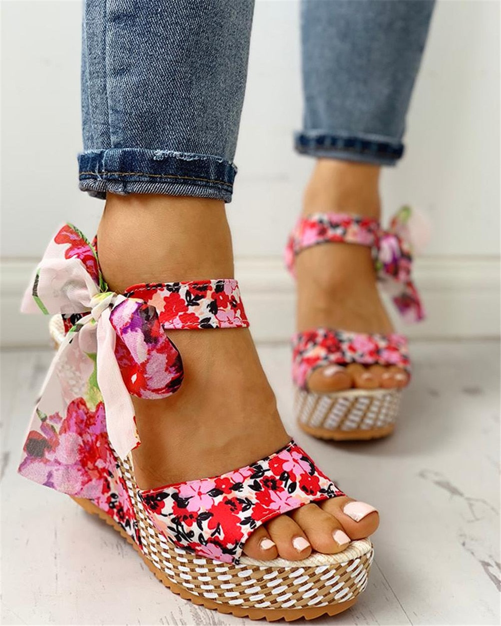 Bohemian Floral Ankle Strap Heeled Wedges