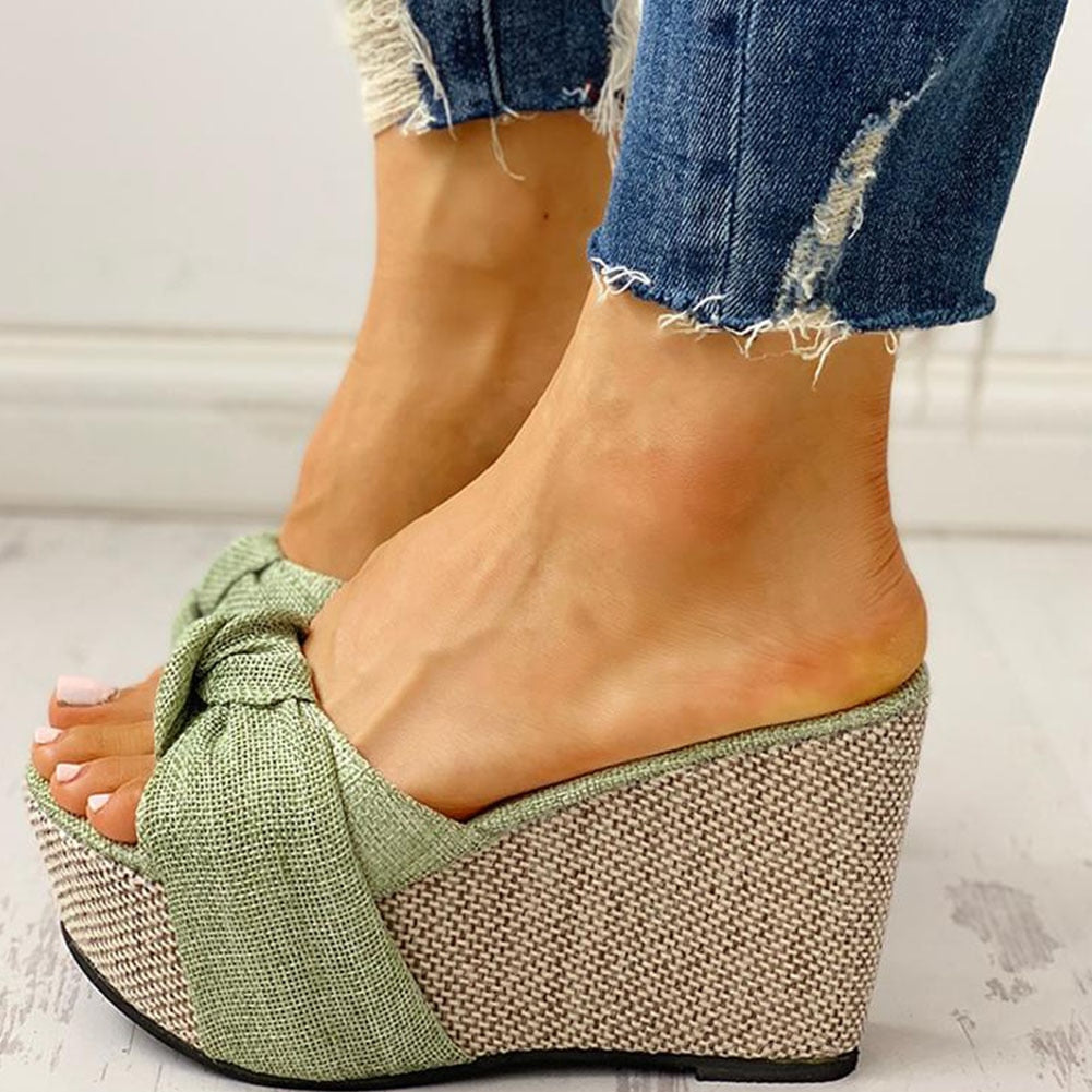 Denim Slip-On Knotted Strap Style Wedges
