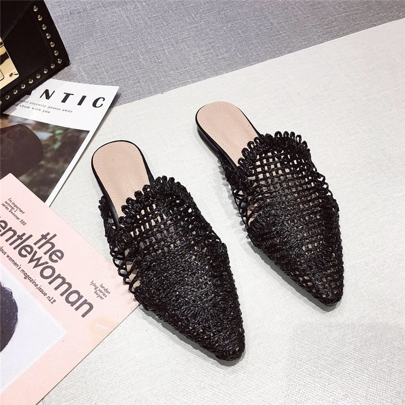 Rattan Knit Indoor Pointed Toe Women Mules Shoes