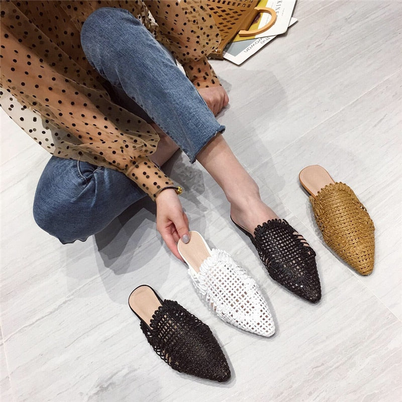 Rattan Knit Indoor Pointed Toe Women Mules Shoes