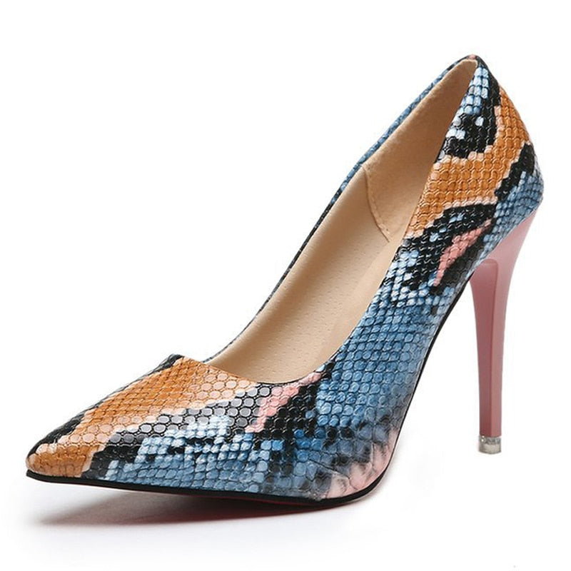 PU Leather Snake Print Pointed Toe Stiletto