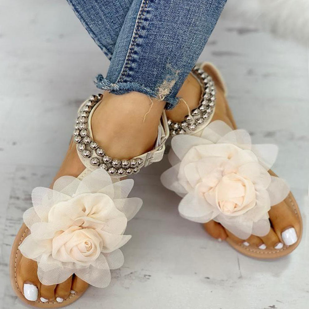 Comfortable Flower Pearly Strap Flat Sandal