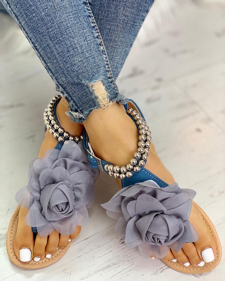 Comfortable Flower Pearly Strap Flat Sandal