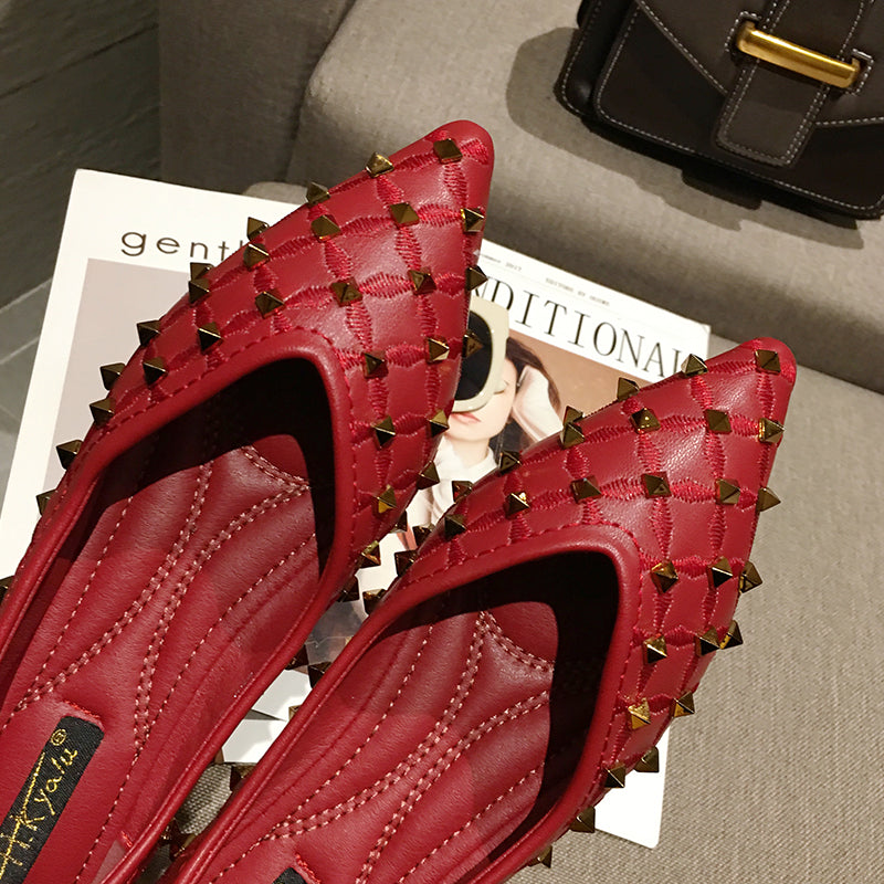 Spring Red Stud Embroidered Pointed Toe  Women Flat Shoes